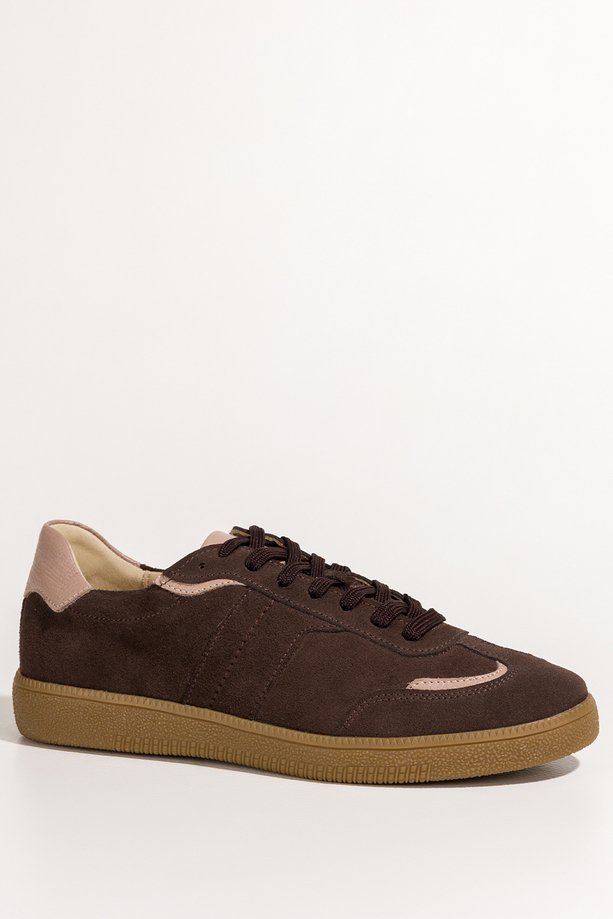Brązowe sneakersy skórzane damskie buty sportowe z beżowymi wstawkami sznurowane PRODUKT POLSKI Casu N1285
