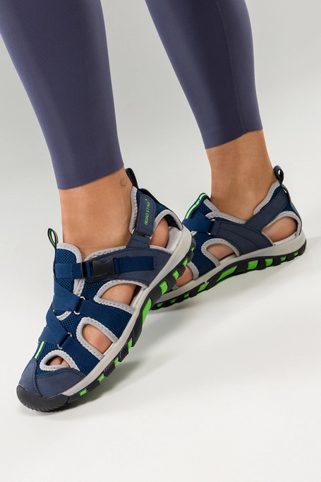 Granatowe sandały trekkingowe damskie na rzep z zakrytą piętą seledynowe wstawki Casu 8209-4W