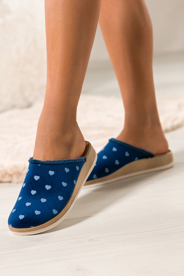 Granatowe kapcie damskie Inblu obuwie domowe skórzana wkładka soft serca XG999959