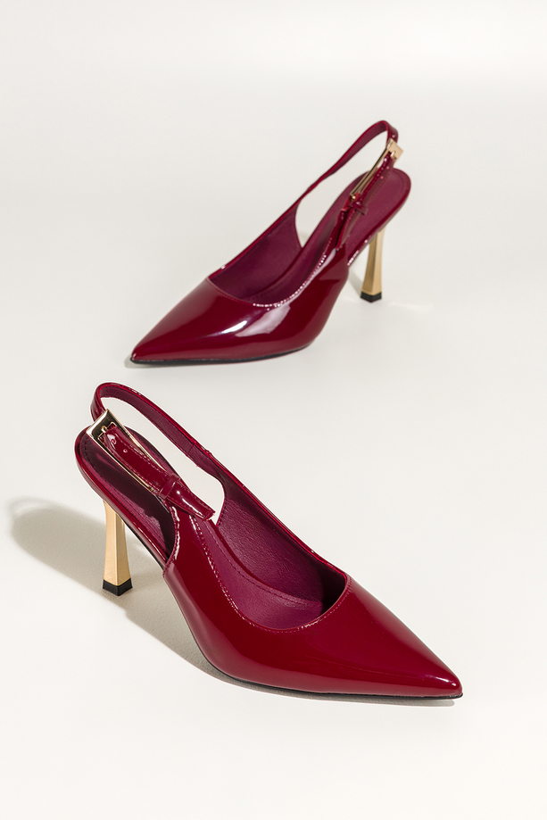 Bordowe czółenka damskie szpilki lakierowane odkryta pięta złoty obcas kieliszek Carla OV883K