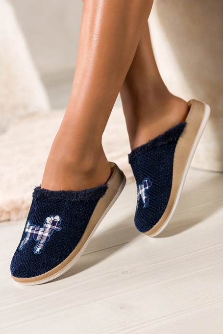 Granatowe kapcie damskie Inblu obuwie domowe z aplikacją psa skórzana wkładka soft XG999957