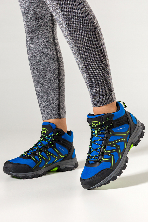 Niebieskie buty trekkingowe damskie z seledynowymi dodatkami sznurowane softshell Casu B2115-3