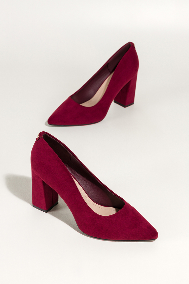 Bordowe czółenka damskie Sergio Leone obcas słupek skórzana wkładka złota ozdoba na pięcie KY783