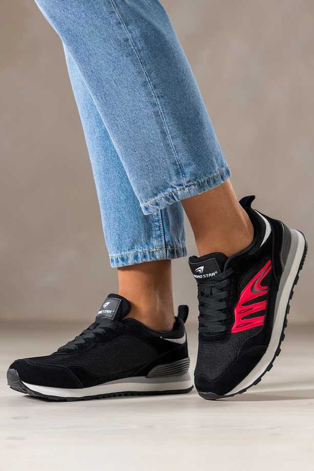 Czarne sneakersy damskie buty sportowe na żłobionej podeszwie sznurowane czerwone wstawki Casu 7398-2D