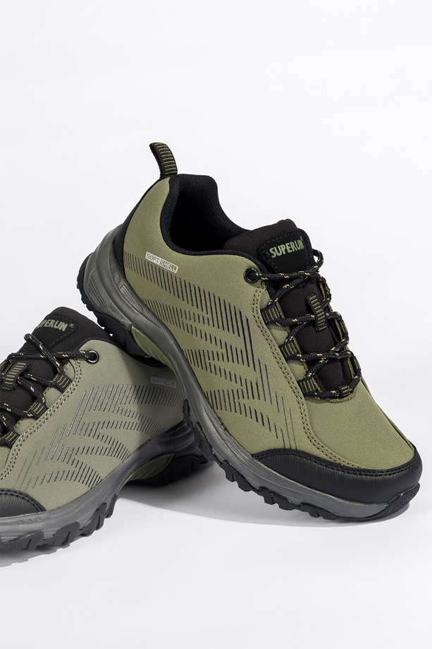 Zielone buty trekkingowe damskie buty sportowe softshell na bieżnikowanej podeszwie sznurowane czarne wstawki Carla 8046
