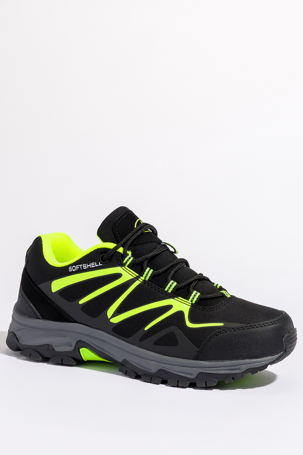 Czarne buty trekkingowe damskie z seledynowymi dodatkami sznurowane softshell Casu B2111-2