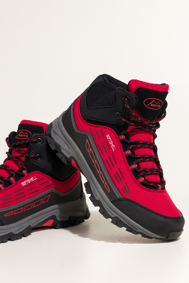 Czerwone buty trekkingowe damskie z czarnymi dodatkami sznurowane softshell Casu Y7994-5