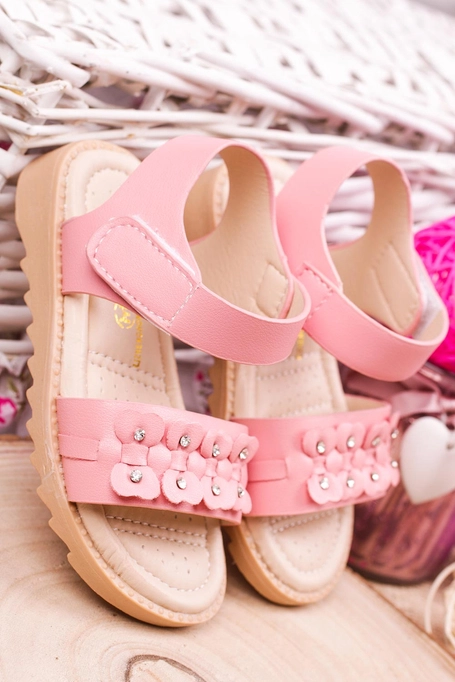 Różowe sandały na rzep z ozdobami Casu HY-13