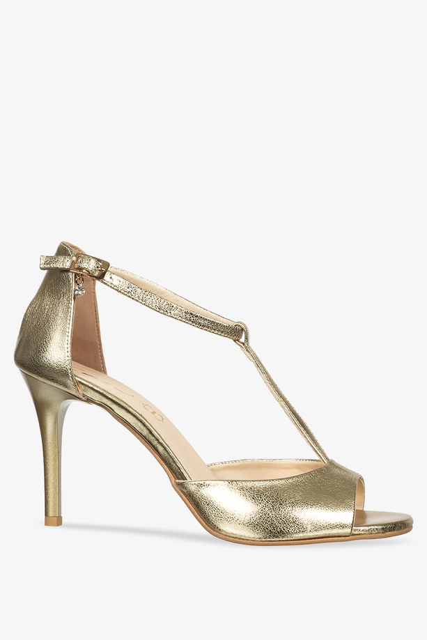 Złote sandały skórzane damskie szpilki t-bar z zakrytą piętą ozdoba PRODUKT POLSKI Casu 2477-703