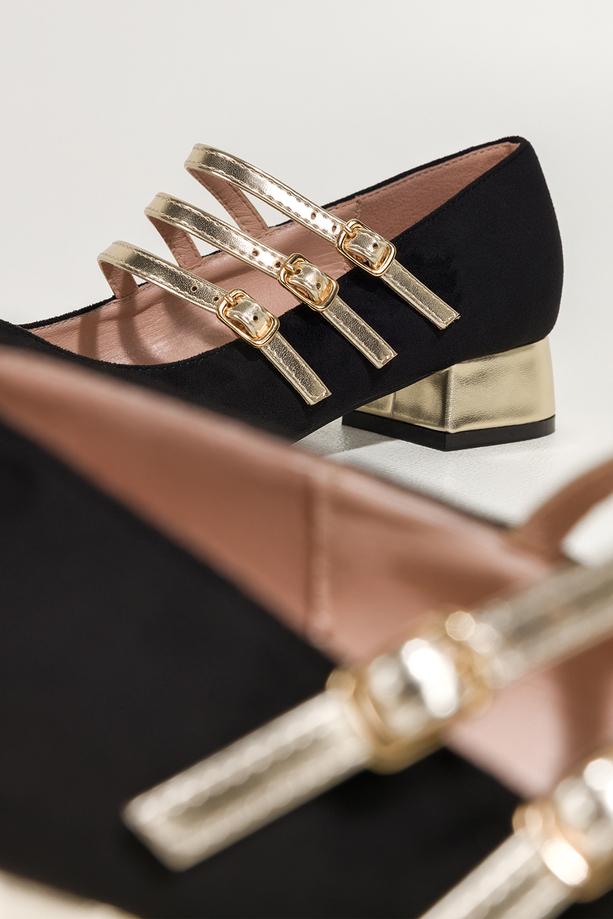 Czarne baleriny damskie Mary Jane na niskim obcasie złote paski na cholewce Carla N473K