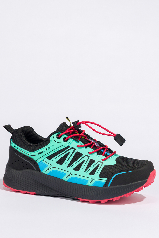 Czarne buty sportowe trekkingowe damskie na bieżnikowanej podeszwie z regulowaną elastyczną sznurówką pistacjowe wstawki Casu 2505-7W