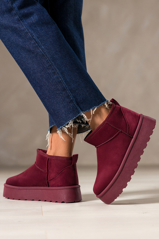 Bordowe śniegowce mukluki damskie na żłobionej platformie Casu EO758K