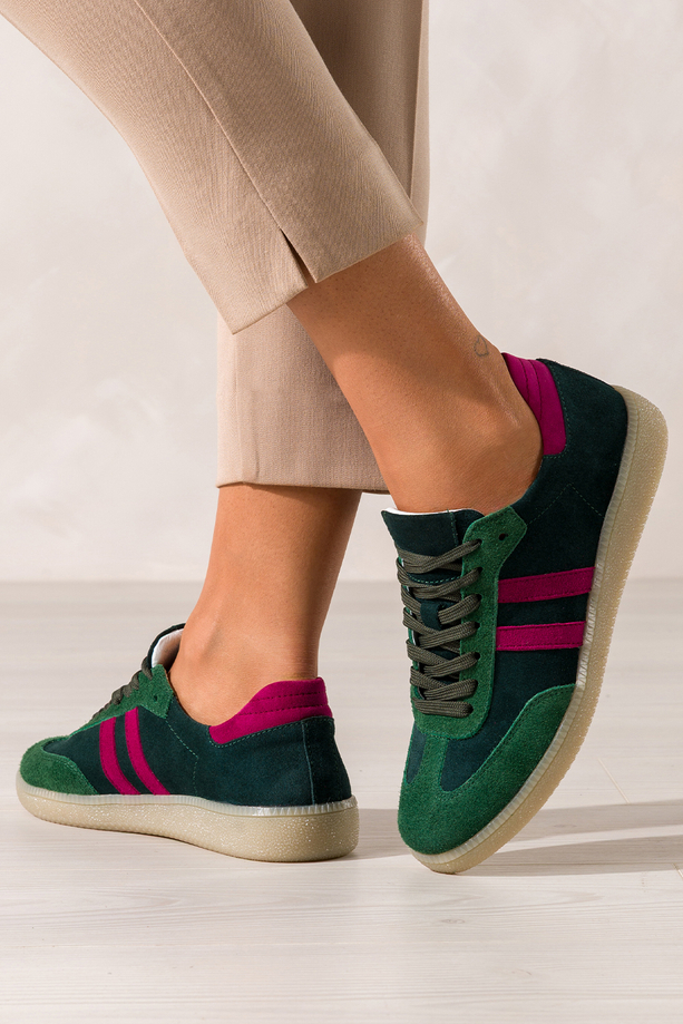 Zielone sneakersy skórzane damskie buty sportowe z fuksjowymi wstawkami sznurowane PRODUKT POLSKI Casu N1068