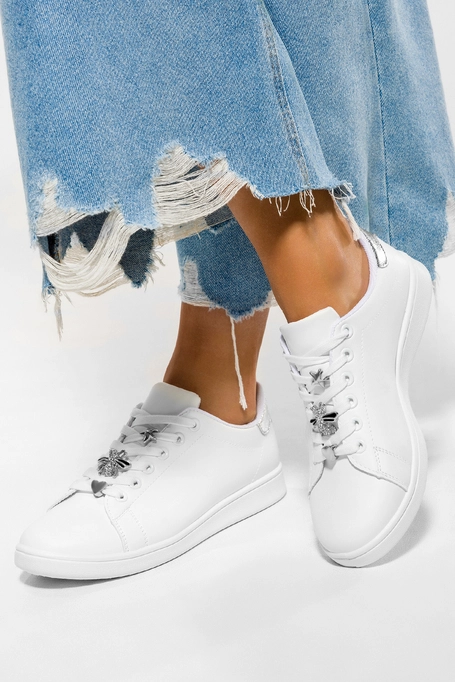 Białe sneakersy damskie z owadem buty sportowe ze srebrnymi dodatkami sznurowane Casu 81380-3
