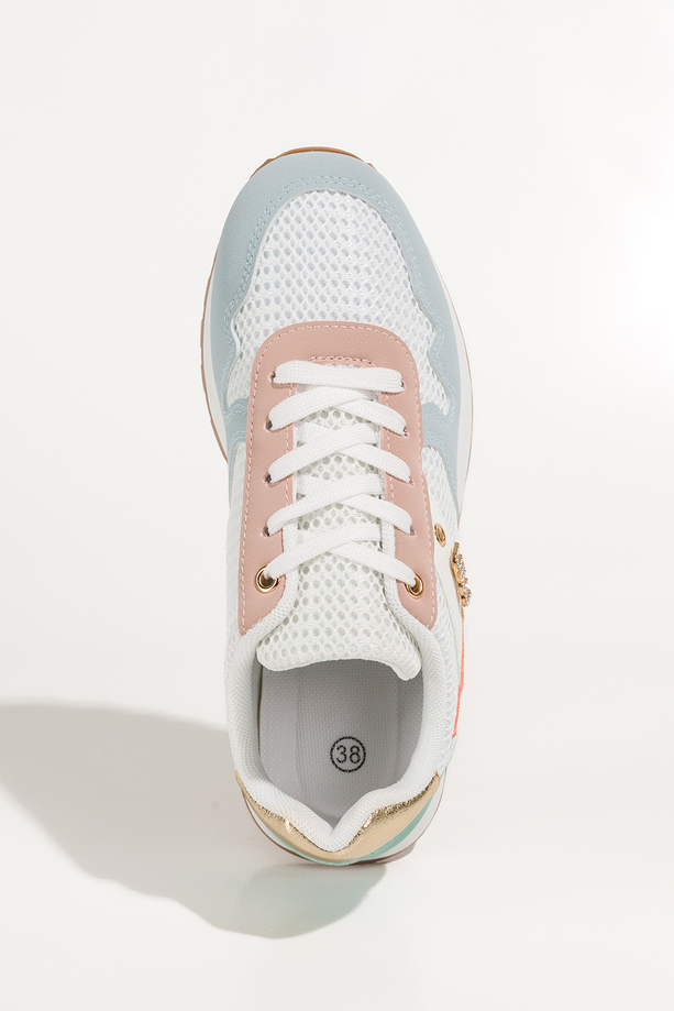 Wielokolorowe sneakersy damskie na białej platformie ze żłobieniami cholewka z siateczką kolorowe wstawki ozdoba z cyrkoniami sznurowane Casu LA308P