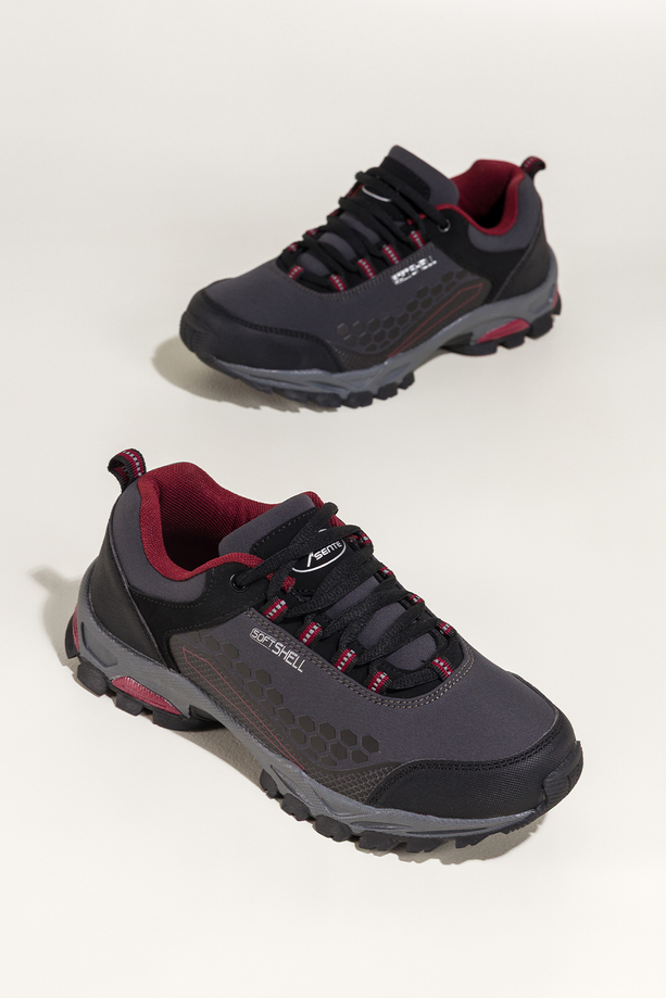 Szare buty trekkingowe damskie sznurowane z bordowymi wstawkami softshell Casu Y8187-2 