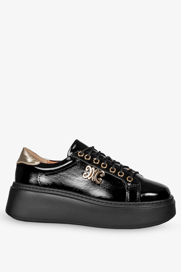 Czarne sneakersy skórzane lakierowane damskie na platformie z ozdobą sznurowane PRODUKT POLSKI Casu DS-739