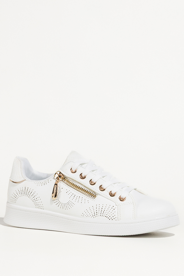 Białe sneakersy damskie buty sportowe z ozdobnym złotym zamkiem sznurowane Casu DXU-32