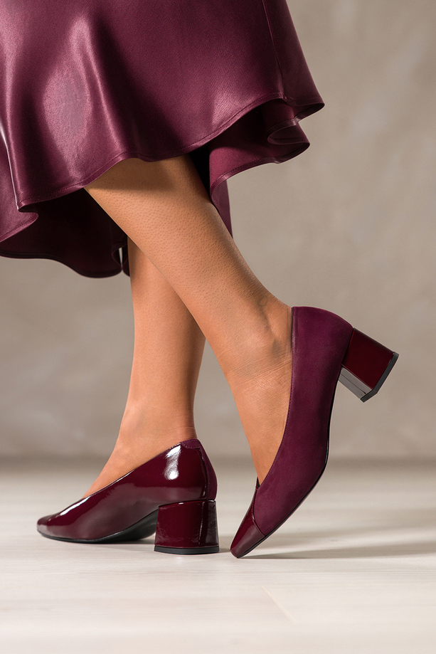 Bordowe czółenka skórzane damskie na szerokim obcasie PRODUKT POLSKI Casu 7088-378-656