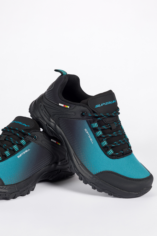 Turkusowe buty trekkingowe damskie buty sportowe softshell na bieżnikowanej podeszwie sznurowane czarne wstawki Carla 8529