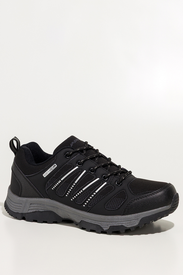 Czarne buty trekkingowe damskie buty sportowe softshell na bieżnikowanej podeszwie sznurowane białe wstawki Carla 1540
