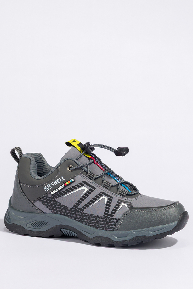 Szare buty trekkingowe damskie buty sportowe na bieżnikowanej podeszwie z regulowaną elastyczną sznurówką białe wstawki softshell Casu 2213-2W