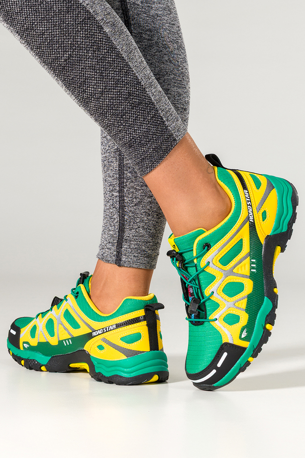 Zielone buty sportowe trekkingowe damskie na bieżnikowanej podeszwie z regulowaną elastyczną sznurówką żółte wstawki Casu 2101-4W