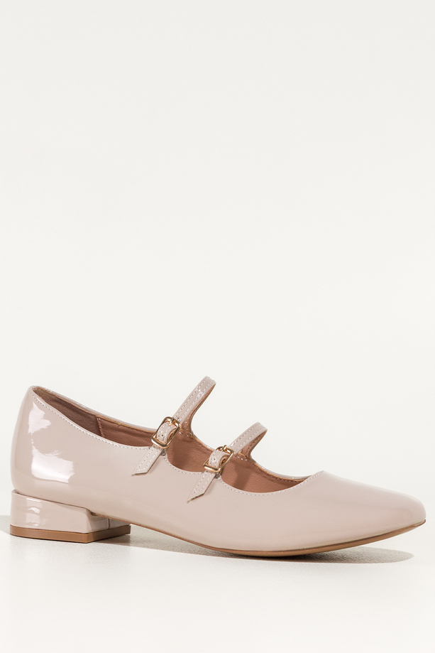 Jasnobeżowe baleriny damskie lakierowane Mary Jane z paskami niski obcas klocek Carla ZR84K