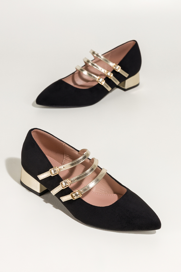 Czarne baleriny damskie Mary Jane na niskim obcasie złote paski na cholewce Carla N473K