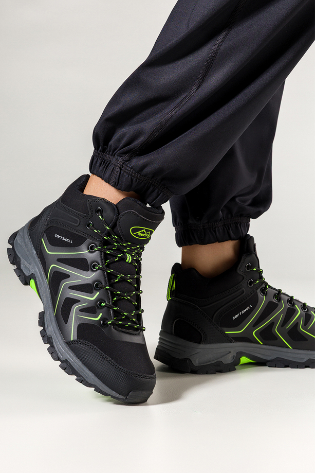 Czarne buty trekkingowe damskie z seledynowymi dodatkami sznurowane softshell Casu B2115-2
