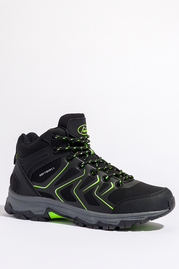 Czarne buty trekkingowe damskie z seledynowymi dodatkami sznurowane softshell Casu B2115-2