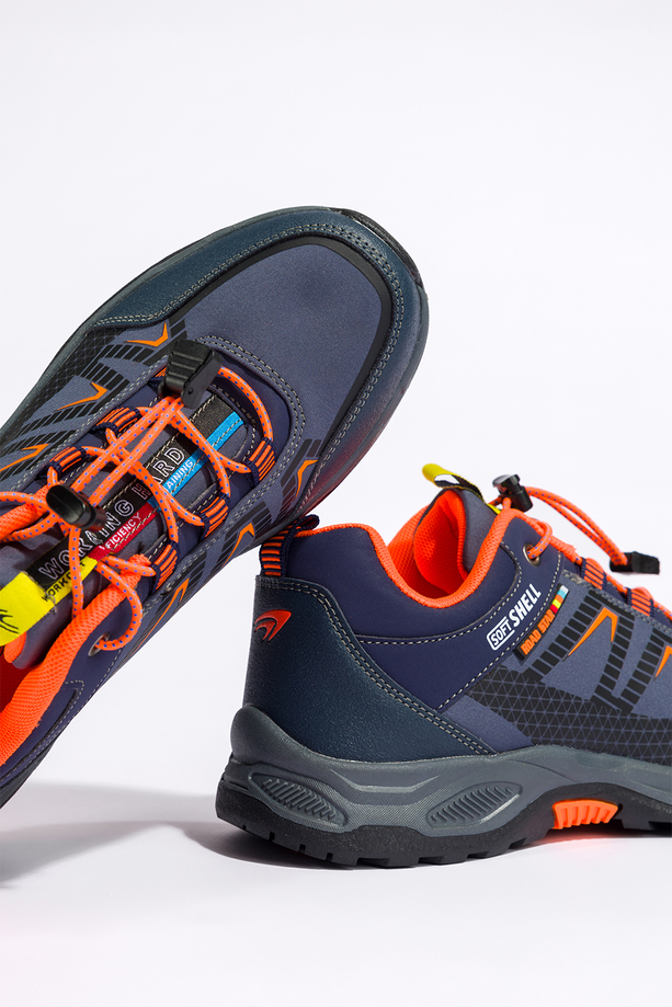 Granatowe buty trekkingowe damskie buty sportowe na bieżnikowanej podeszwie z regulowaną elastyczną sznurówką pomarańczowe wstawki softshell Casu 2213-5W