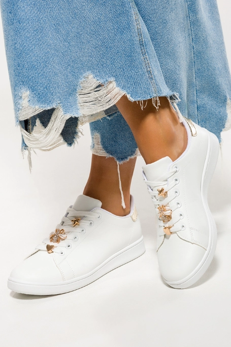 Białe sneakersy damskie z owadem buty sportowe ze złotymi dodatkami sznurowane Casu 81380-4