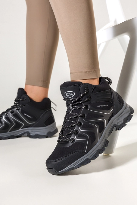 Czarne buty trekkingowe damskie z szarymi dodatkami sznurowane softshell Casu B2115-1