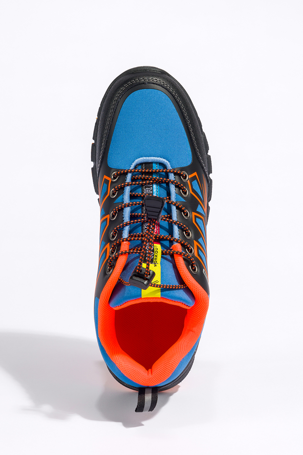 Niebieskie buty trekkingowe damskie buty sportowe na bieżnikowanej podeszwie z regulowaną elastyczną sznurówką pomarańczowe wstawki softshell Casu 2309-6W