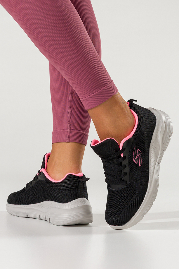Czarne sneakersy damskie buty sportowe na fitness z perforacją szara platforma różowe wstawki sznurowane Casu JK9321-4