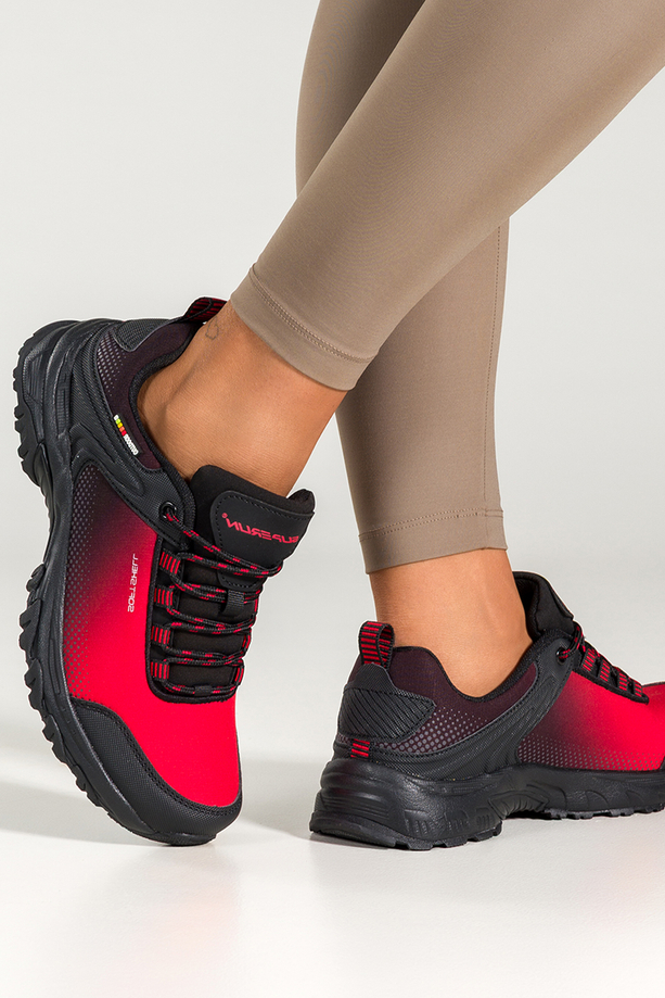 Czerwone buty trekkingowe damskie buty sportowe softshell na bieżnikowanej podeszwie sznurowane czarne wstawki Carla 8529