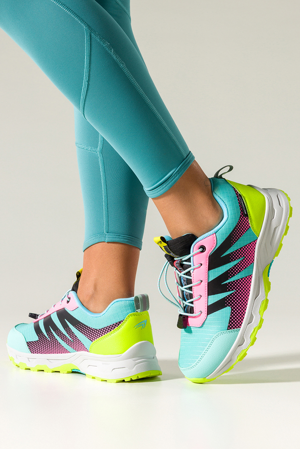 Turkusowe buty sportowe trekkingowe damskie wodoodporne na żłobionej podeszwie z regulowaną elastyczną sznurówką różowe wstawki Casu 7590-1D