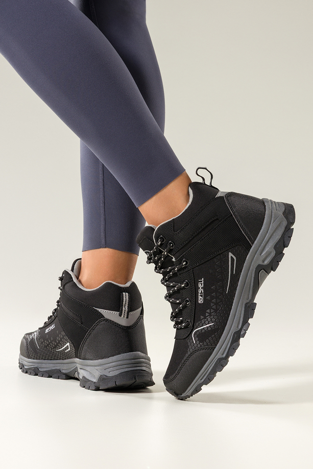 Czarne buty trekkingowe damskie z szarymi dodatkami sznurowane softshell Casu Y7997-8