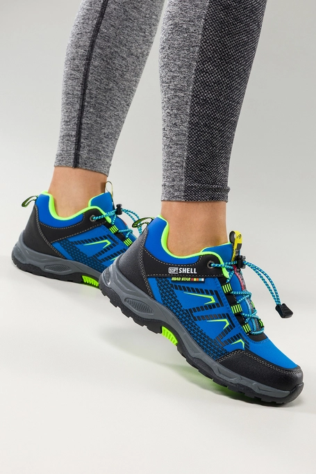 Niebieskie buty trekkingowe damskie buty sportowe na bieżnikowanej podeszwie z regulowaną elastyczną sznurówką seledynowe wstawki softshell Casu 2213-6W