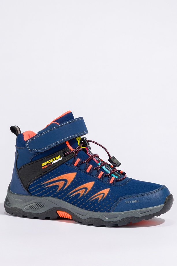 Granatowe buty trekkingowe damskie na bieżnikowanej podeszwie z regulowaną elastyczną sznurówką pomarańczowe wstawki softshell Casu 2310-10W