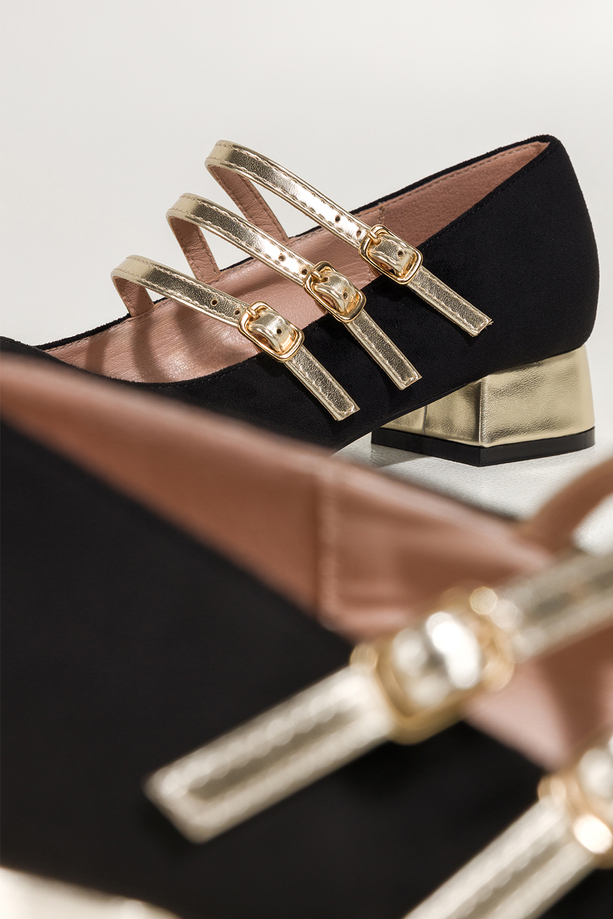 Czarne baleriny damskie Mary Jane na niskim obcasie złote paski na cholewce Carla N473K