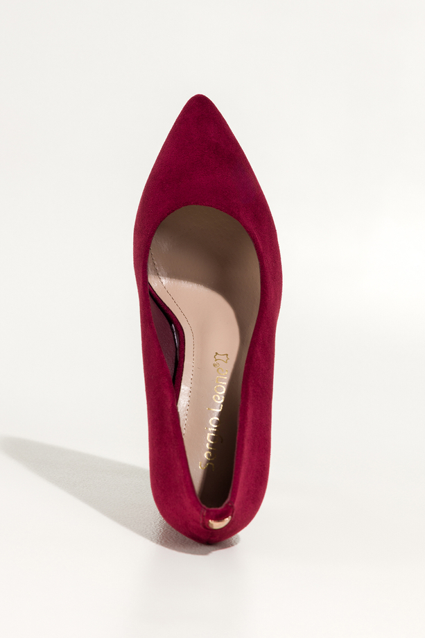 Bordowe czółenka damskie Sergio Leone obcas słupek skórzana wkładka złota ozdoba na pięcie KY783