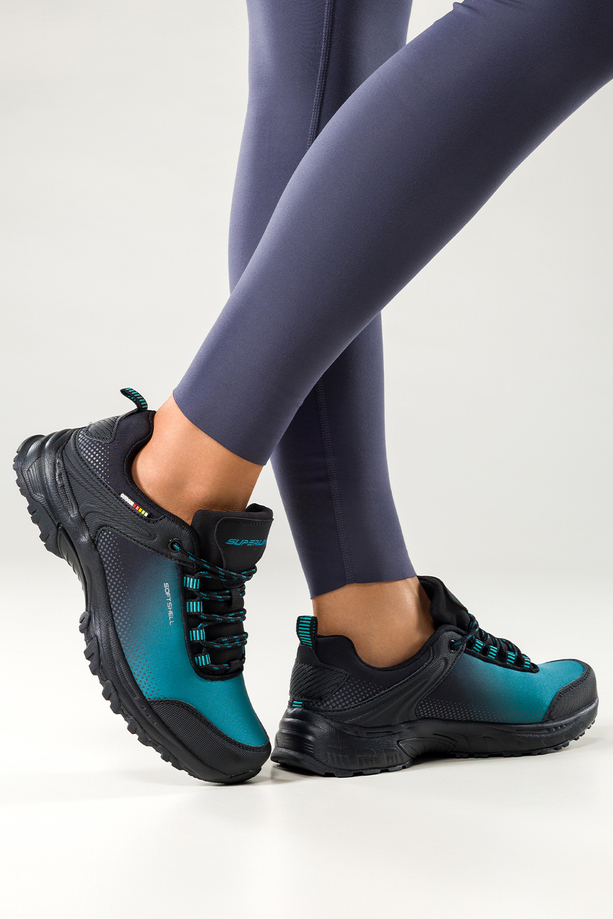Turkusowe buty trekkingowe damskie buty sportowe softshell na bieżnikowanej podeszwie sznurowane czarne wstawki Carla 8529