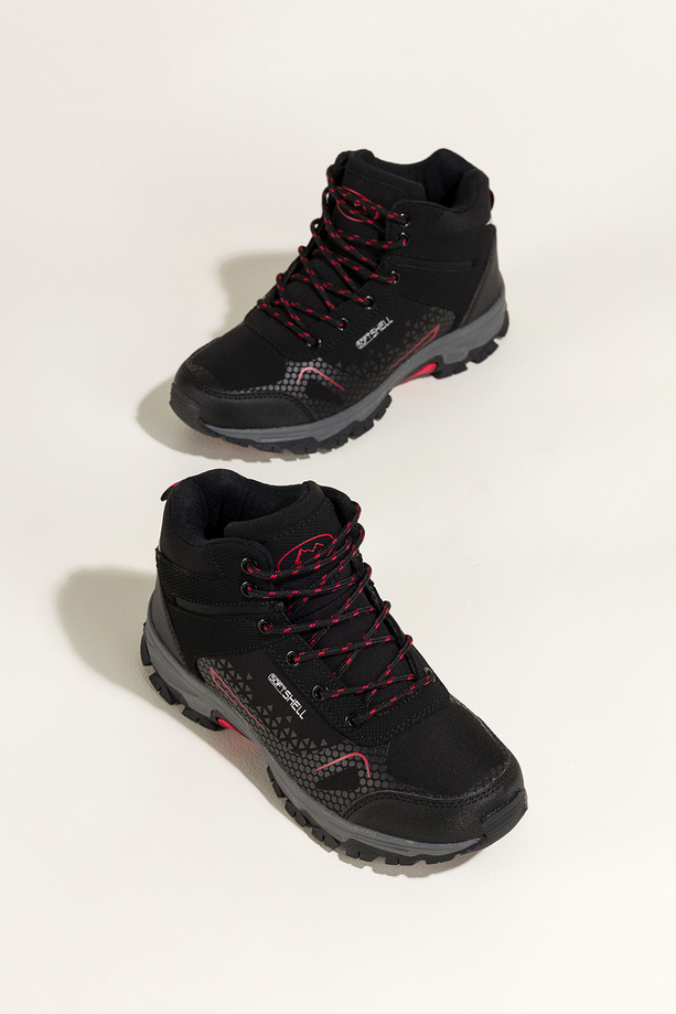 Czarne buty trekkingowe damskie z czerwonymi dodatkami sznurowane softshell Casu Y7997-6
