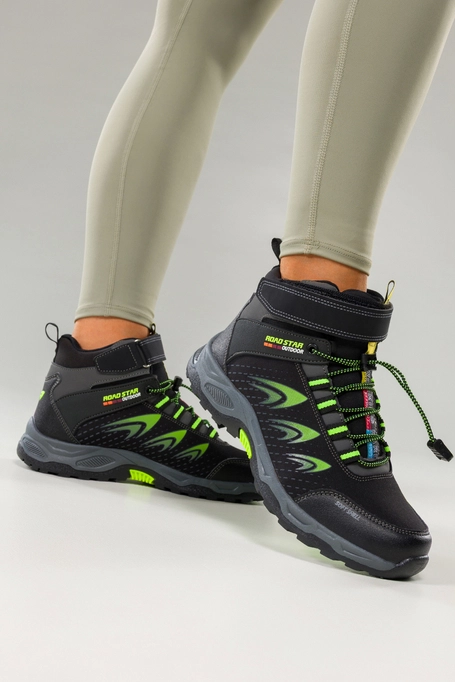 Czarne buty trekkingowe damskie na bieżnikowanej podeszwie z regulowaną elastyczną sznurówką seledynowe wstawki softshell Casu 2310-9W