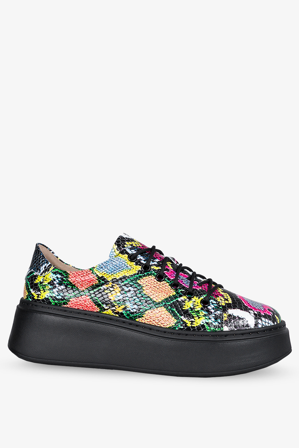Wielokolorowe sneakersy skórzane damskie na platformie sznurowane wzór wężowy PRODUKT POLSKI Casu DS-724