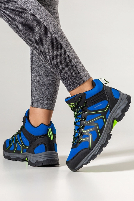 Niebieskie buty trekkingowe damskie z seledynowymi dodatkami sznurowane softshell Casu B2115-3