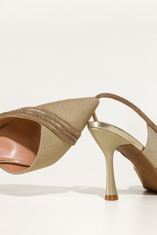 Złote czółenka damskie szpilki brokatowe z cyrkoniami obcas kieliszek odkryta pięta Carla UB64-1