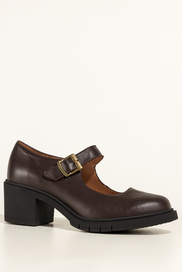 Czekoladowe czółenka skórzane damskie Mary Jane z paskiem szeroki obcas klocek PRODUKT POLSKI Casu 390